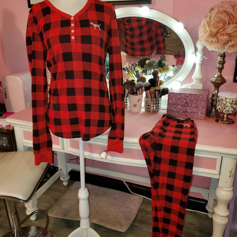 ❤ PINK red and black checkered pajama set (L)